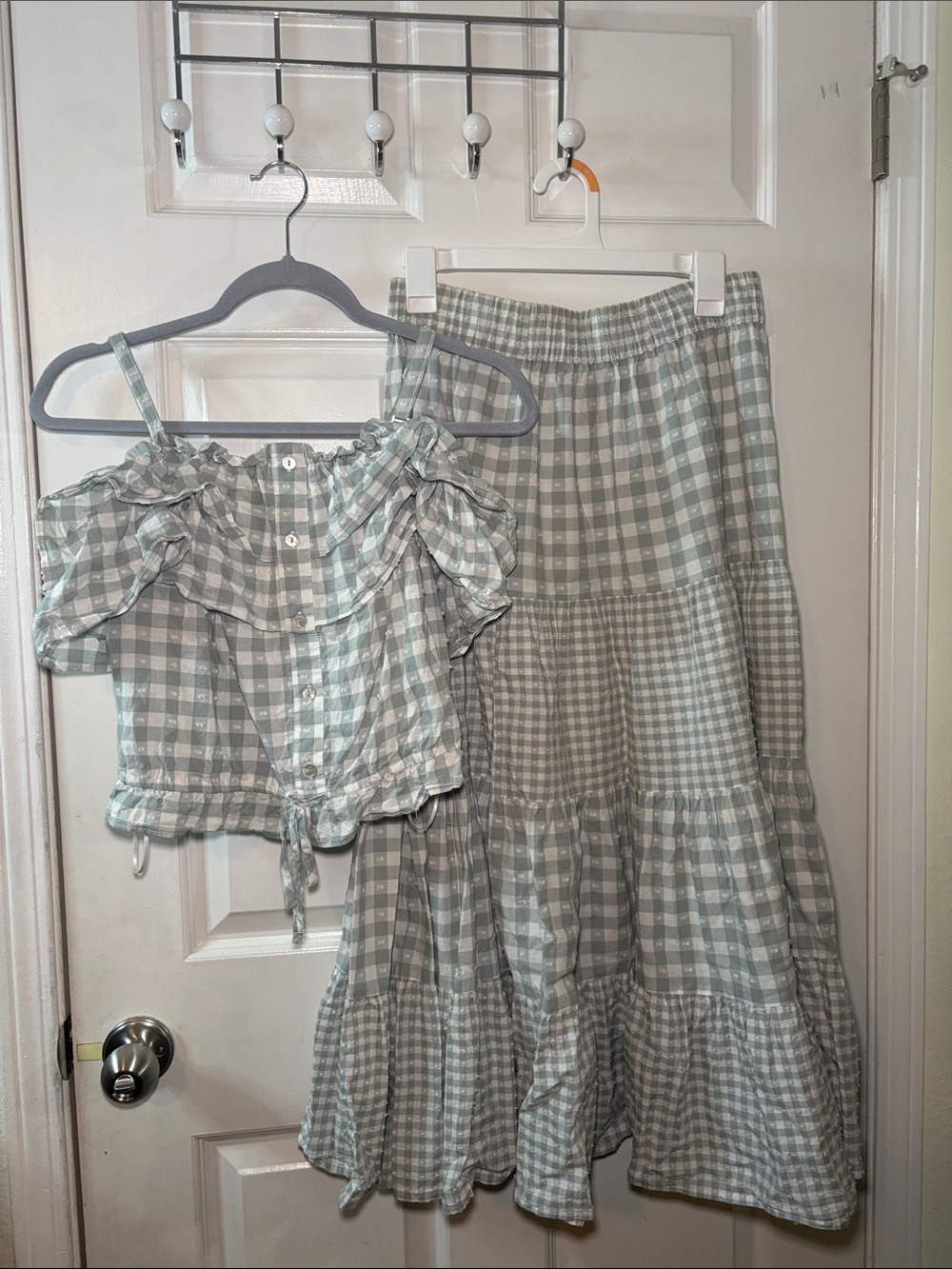 Lauren Conrad Set Gingham Maxi Skirt with Ruffle Crop Top - Sage Green